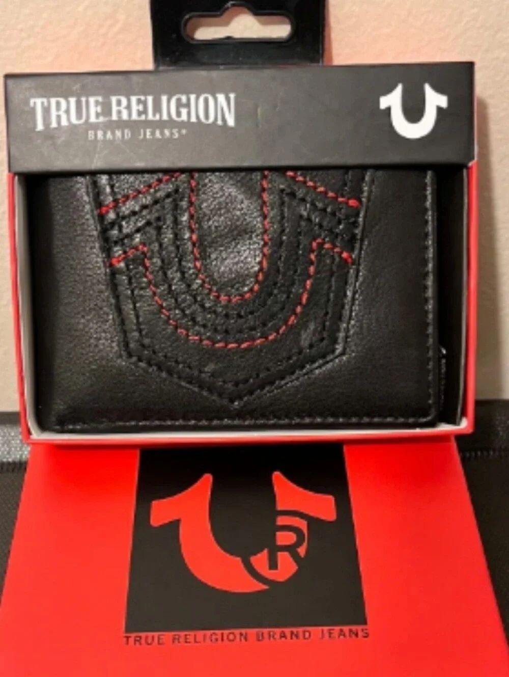Genuine Leather RFIED Protection Men’s Black Bifold Wallet  Red Logo NEW